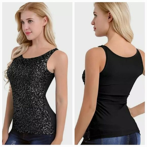 Old Navy Black XS Sequin Front Tank Top Sleeveless Ribbed Knit Tee Scoop Neck - Picture 10 of 11